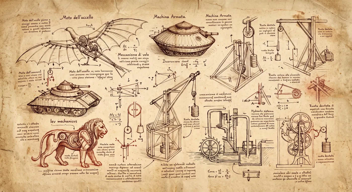 Skici strojů a mechanismů v duchu Leonarda da Vinciho